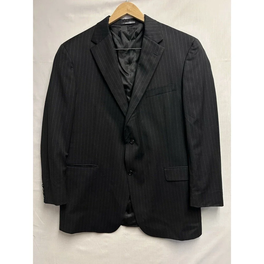 Austin Reed Black Pinstripe Suit Bespoke Mens 48 L Pants 38/32 Pleated Cuffed